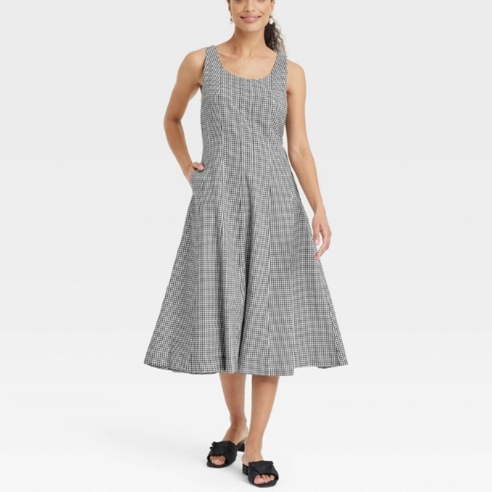Women's Corset MIDI a-Line Dress - a New Day Black Gingham